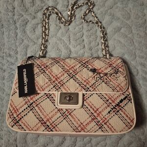 Karl Lagerfeld Agyness Pink And White Tweed Shoulder Bag With Plaid Design